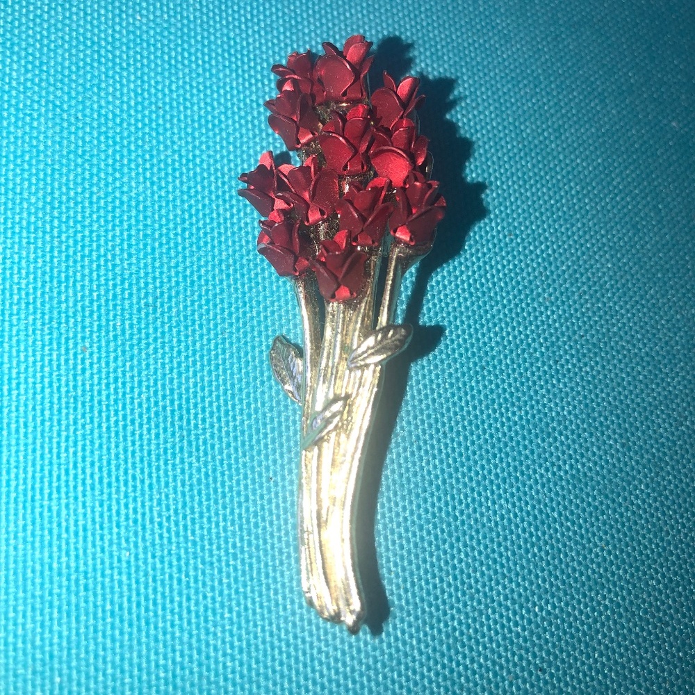 1990's Vintage Goldtone Red Rose Brooch